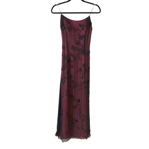Victory Collection Romantic Long Hand Beaded Floral Silk Dress Red Evening Gown